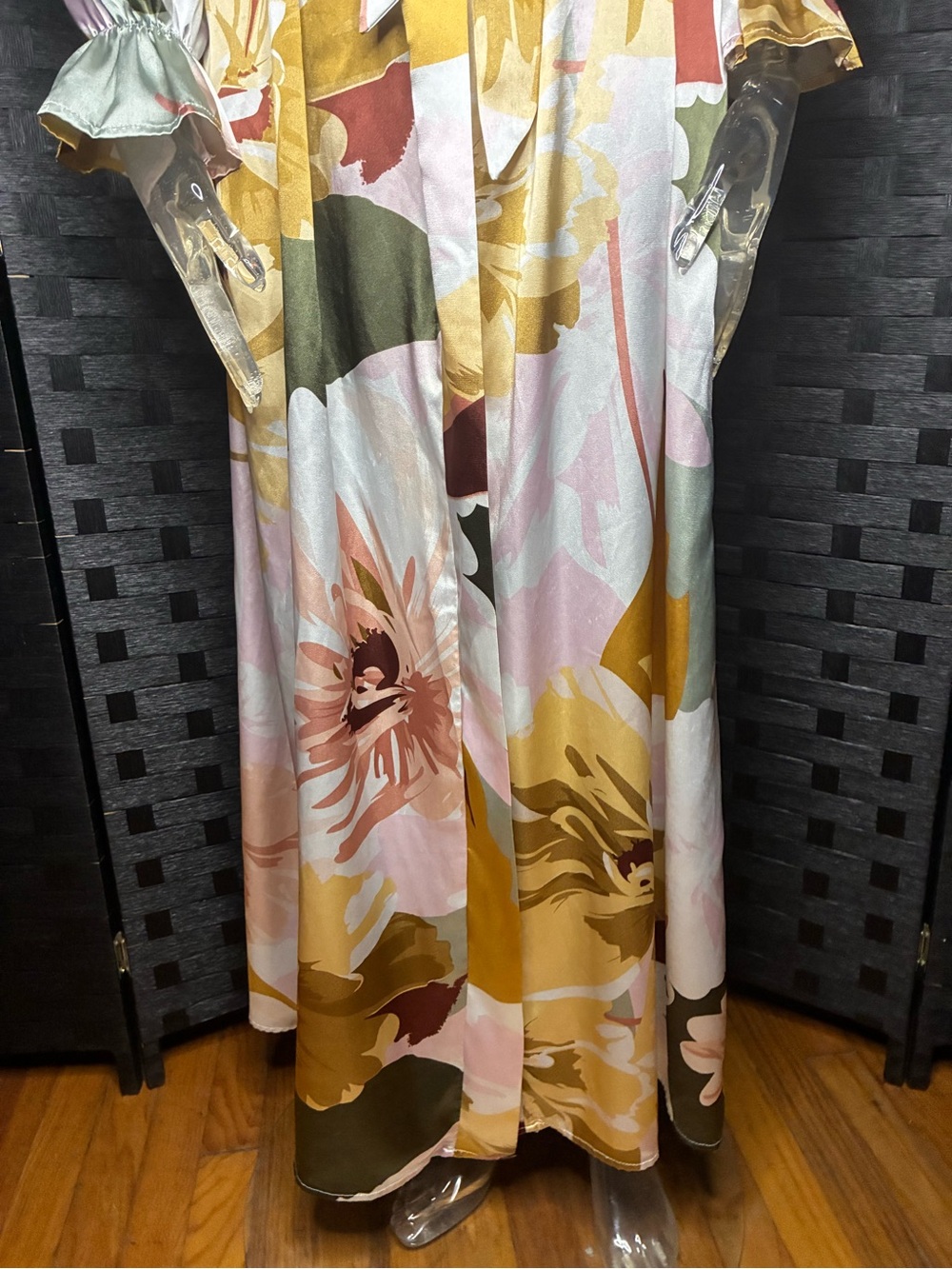 Floral Satin Wrap Maxi Robe - Pink & Mustard - Picture 3 of 8